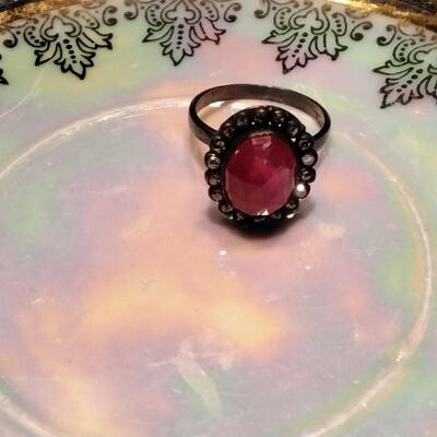 Mozambique Ruby sterling silver ring with diamond accents Size 7.5