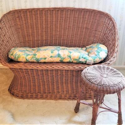 Lot #136  Vintage Rattan Settee and Stool