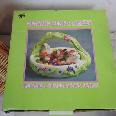 8 pc Easter, Ceramic Bunny Basket, Wooden Bunny Statues, Wicker Basket