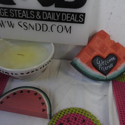 Watermelon Kitchen Lot: Placemats and Coasters, Plates, Mugs, and Bowls, Candle