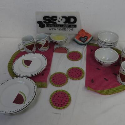 Watermelon Kitchen Lot: Placemats and Coasters, Plates, Mugs, and Bowls, Candle