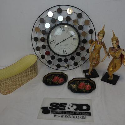 First Time Manufactory Clock, Works?, 2 Porcelain Dolls, Floral Plates