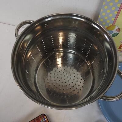 Kitchen Lot: Silverware, 4 White Mugs, Colander Pot,  Have Your Cake Sign, Plate