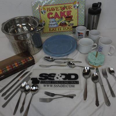 Kitchen Lot: Silverware, 4 White Mugs, Colander Pot,  Have Your Cake Sign, Plate