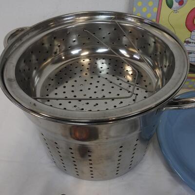 Kitchen Lot: Silverware, 4 White Mugs, Colander Pot,  Have Your Cake Sign, Plate