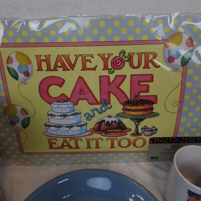 Kitchen Lot: Silverware, 4 White Mugs, Colander Pot,  Have Your Cake Sign, Plate