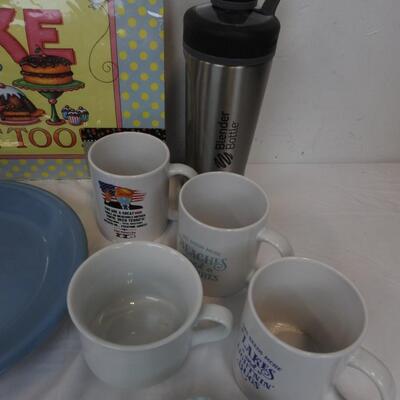 Kitchen Lot: Silverware, 4 White Mugs, Colander Pot,  Have Your Cake Sign, Plate