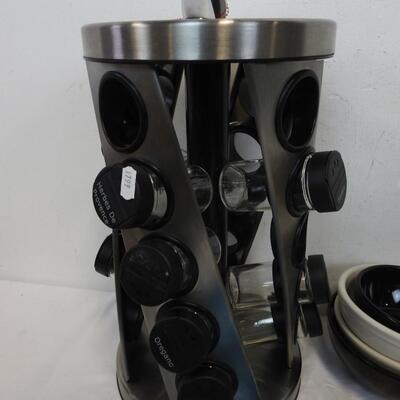 Metal Spice Rack w/ Glass Cans, Colander, Plates, Grader, Bowls, Triangle Plate