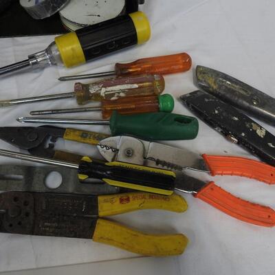 Tool Box Lot: Wire Cutters, Box Cutters, Screwdrivers, Electrical Voltage Tester