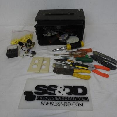 Tool Box Lot: Wire Cutters, Box Cutters, Screwdrivers, Electrical Voltage Tester