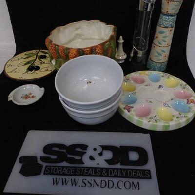 2 Pepper Grinder Shakers, 1 Salt Shaker, Easter Egg Plate, Plates and 3 Bowls