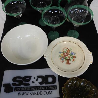 8 pc Ceramic/Glass Ware, Green Trimmed Margarita Glasses, Gibson Bowl