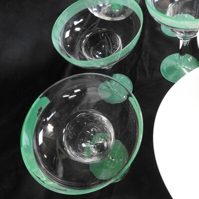 8 pc Ceramic/Glass Ware, Green Trimmed Margarita Glasses, Gibson Bowl