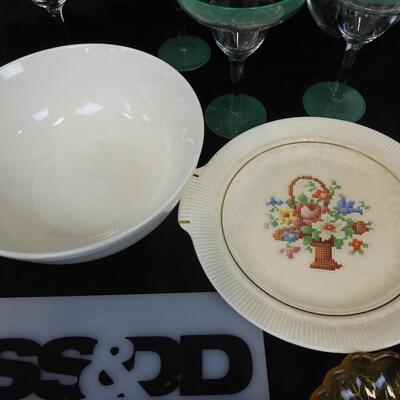 8 pc Ceramic/Glass Ware, Green Trimmed Margarita Glasses, Gibson Bowl