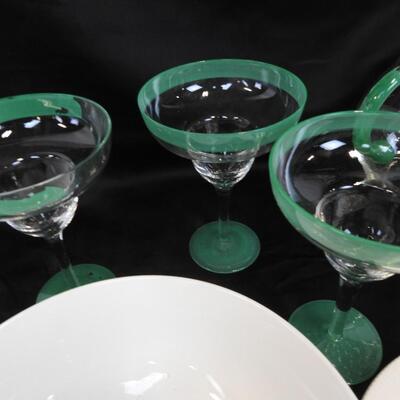 8 pc Ceramic/Glass Ware, Green Trimmed Margarita Glasses, Gibson Bowl