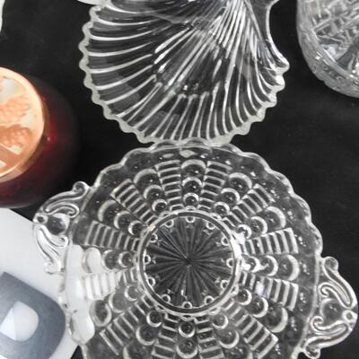 9 pc Ceramics and Glass, 3 Ceramic Canisters, Candle, Shell Trinket Bowl
