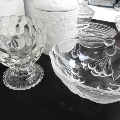 9 pc Ceramics and Glass, 3 Ceramic Canisters, Candle, Shell Trinket Bowl