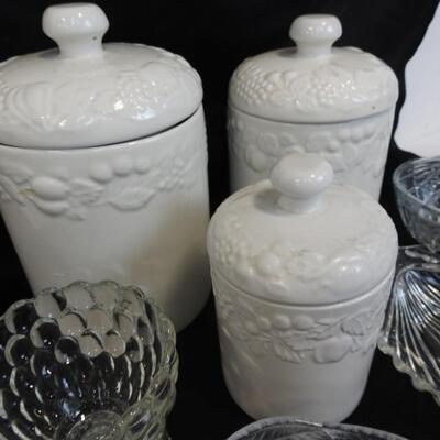 9 pc Ceramics and Glass, 3 Ceramic Canisters, Candle, Shell Trinket Bowl