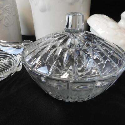 9 pc Ceramics and Glass, 3 Ceramic Canisters, Candle, Shell Trinket Bowl
