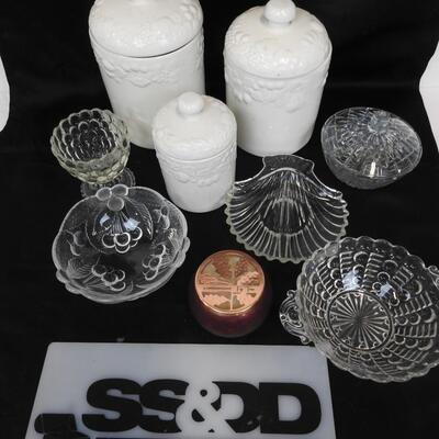 9 pc Ceramics and Glass, 3 Ceramic Canisters, Candle, Shell Trinket Bowl