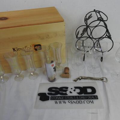 13 pc Kitchen, Wine Pourer, Small Wine Rack, Wooden Crate, Wine Glasses