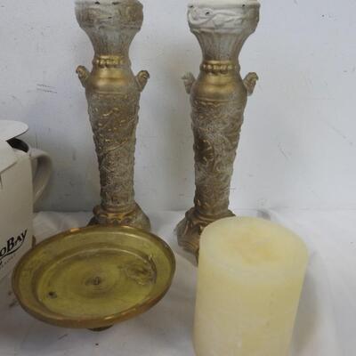 9 pc Home Goods: Montego Bay Mugs, Stoneware Plates, Candle, Candle Holders