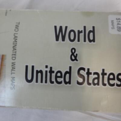 Large Laminated Wall Maps, World and United States, Open Box, Used
