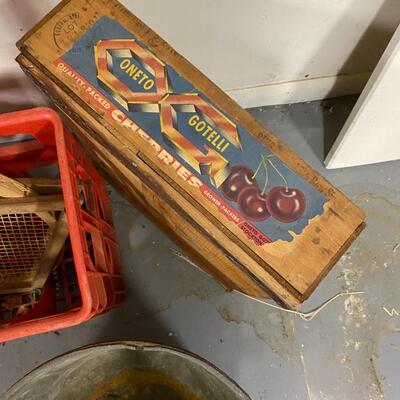 Vintage Brass Bucket, Coca Cola Crate, Old Tennis Racket and Wooden Crate