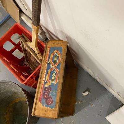 Vintage Brass Bucket, Coca Cola Crate, Old Tennis Racket and Wooden Crate