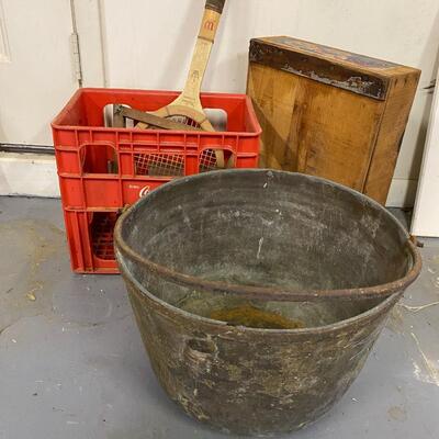 Vintage Brass Bucket, Coca Cola Crate, Old Tennis Racket and Wooden Crate