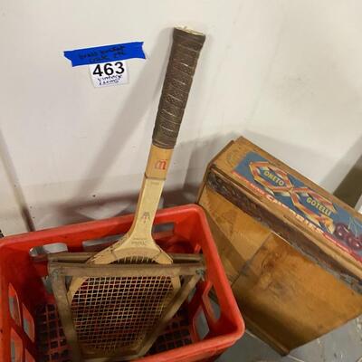 Vintage Brass Bucket, Coca Cola Crate, Old Tennis Racket and Wooden Crate