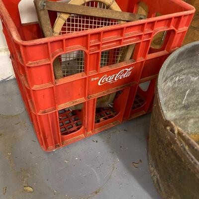 Vintage Brass Bucket, Coca Cola Crate, Old Tennis Racket and Wooden Crate