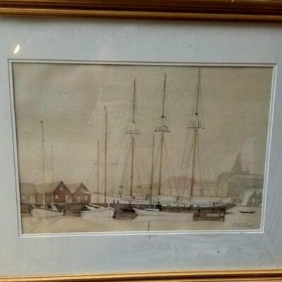 Mid-century framed sailboat painting under glass
