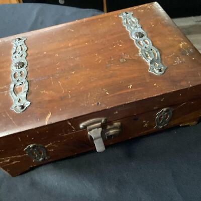 Vintage Wood Jewelry Box with Contents