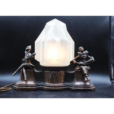 Antique Art Deco Harlequin & Pierrot Bronze Metal Cast Radio Lamp