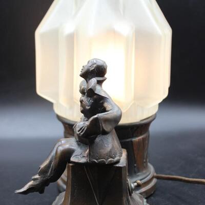 Antique Art Deco Harlequin & Pierrot Bronze Metal Cast Radio Lamp