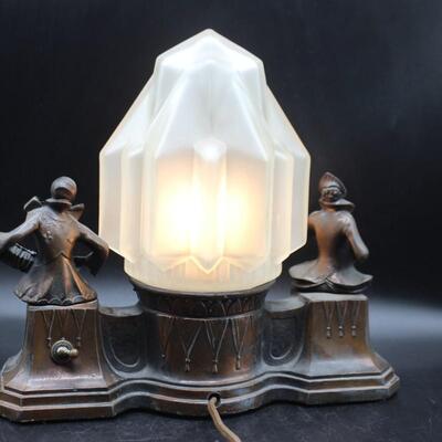Antique Art Deco Harlequin & Pierrot Bronze Metal Cast Radio Lamp