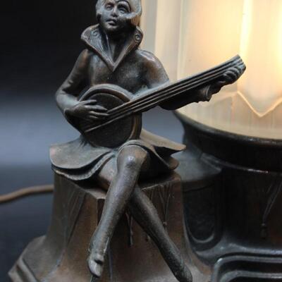 Antique Art Deco Harlequin & Pierrot Bronze Metal Cast Radio Lamp