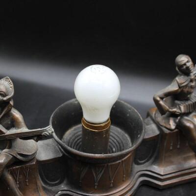 Antique Art Deco Harlequin & Pierrot Bronze Metal Cast Radio Lamp