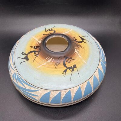 Native American Navajo Artist Alvin Colorful Painted Etched Seed Bowl