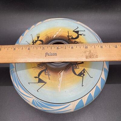 Native American Navajo Artist Alvin Colorful Painted Etched Seed Bowl