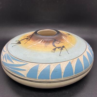 Native American Navajo Artist Alvin Colorful Painted Etched Seed Bowl