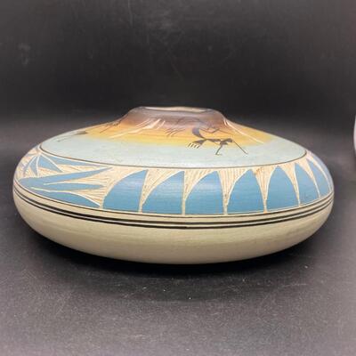 Native American Navajo Artist Alvin Colorful Painted Etched Seed Bowl