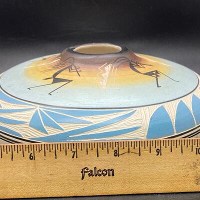 Native American Navajo Artist Alvin Colorful Painted Etched Seed Bowl