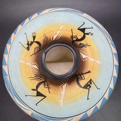 Native American Navajo Artist Alvin Colorful Painted Etched Seed Bowl