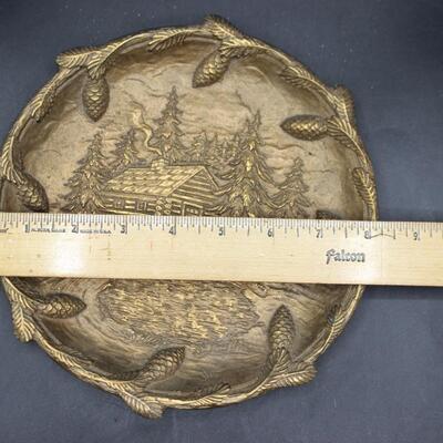 Vintage Holiday Seasonal Cabin in Pine Forest Bronze Decorative Plate