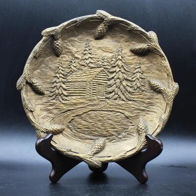 Vintage Holiday Seasonal Cabin in Pine Forest Bronze Decorative Plate