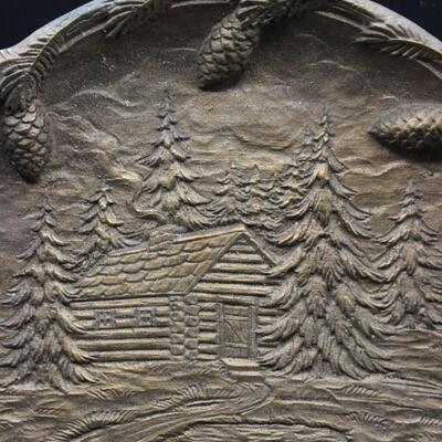 Vintage Holiday Seasonal Cabin in Pine Forest Bronze Decorative Plate