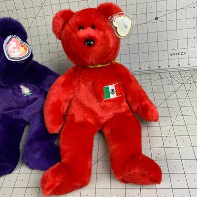 #185 Vintage Ty Beanie Babies PRINCESS DIANA Purple Bear + Osito Red Mexico Bear & Cherised Teddy