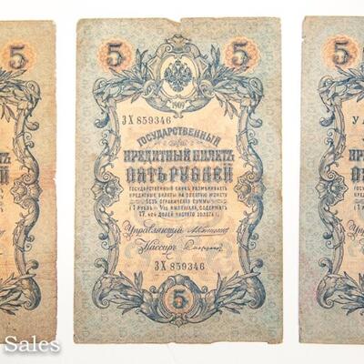 3 - 1909 RUSSIAN - 5 RUBLE NOTES